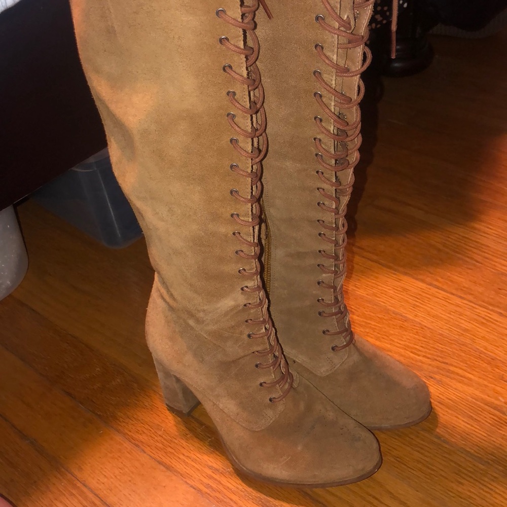 Tan lace up velvet boots